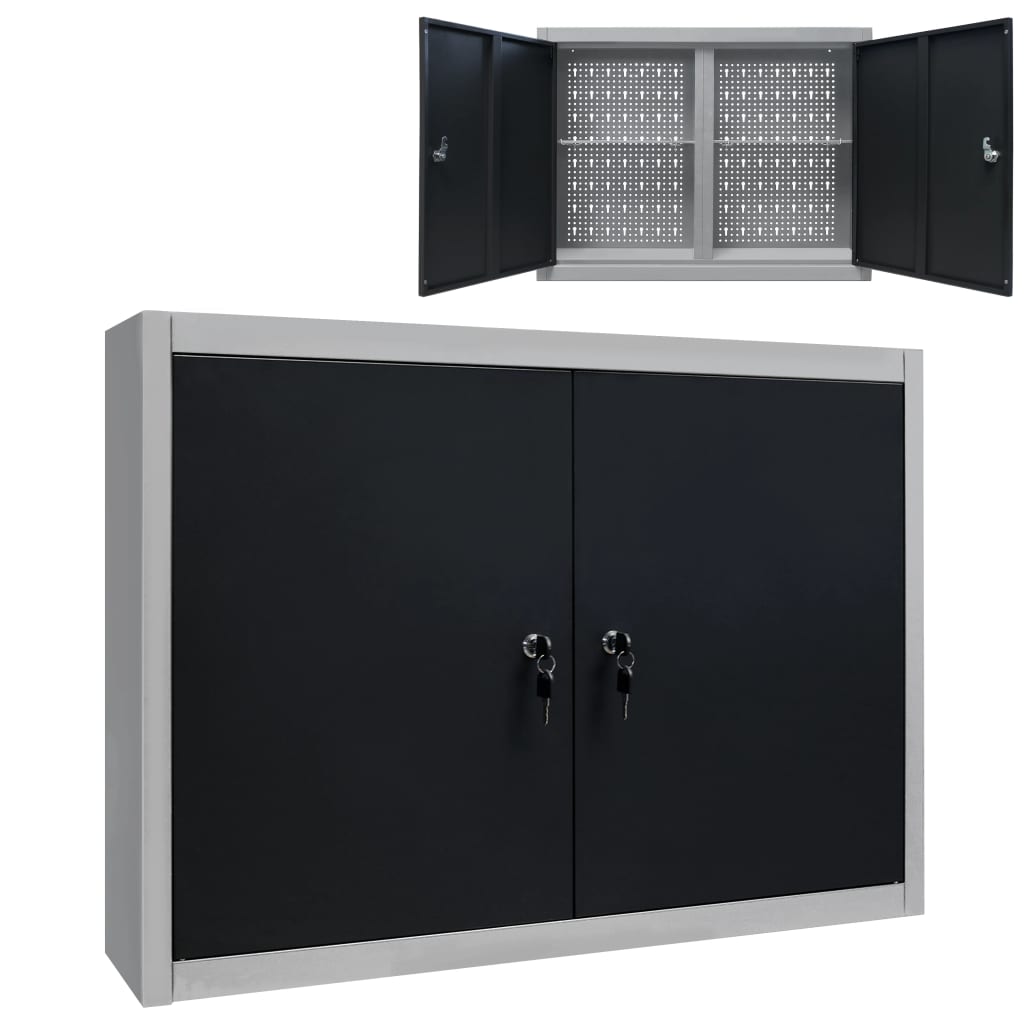 Wall Mounted Tool Cabinet Industrial Style Metal and Black